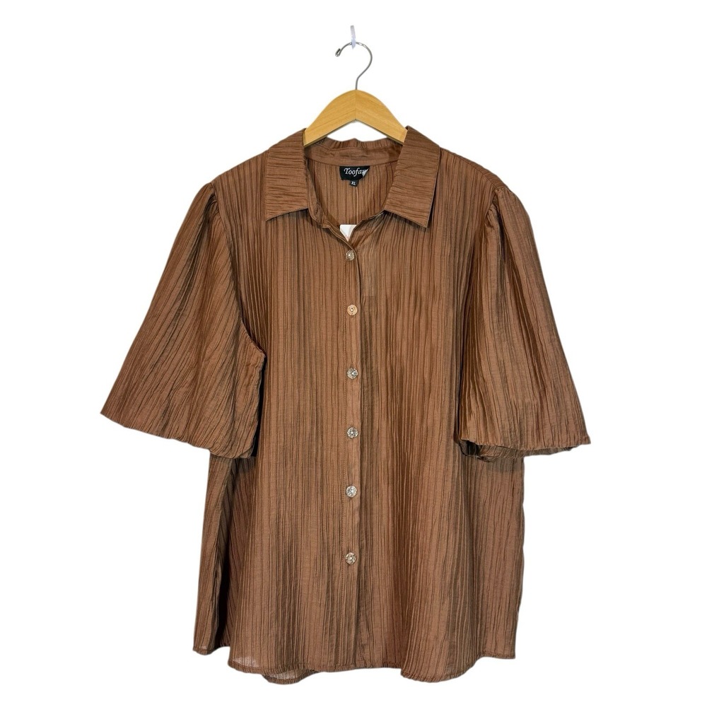 Toofan‎ Bubble Sleeve Shirt In Mocha Sz XL Textured Button Front Mature Classy
